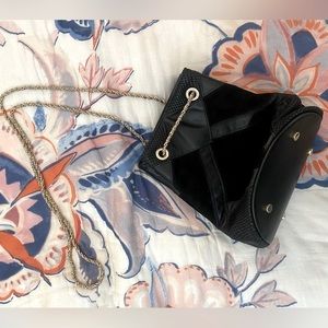 NEW SEZANE Black Suede and Leather Bucket Bag with Gold Shoulder Chain